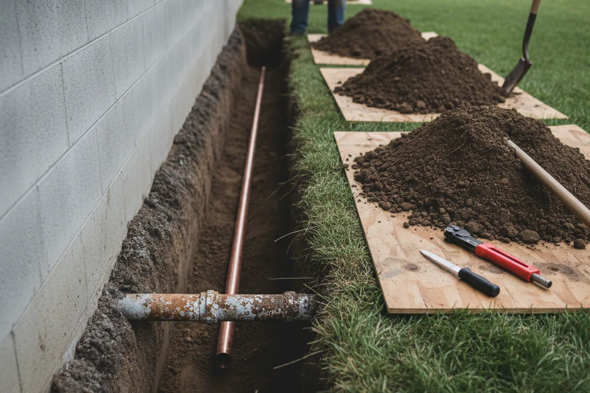 Excavated water line trench during Water Heater Repair in Lombard
